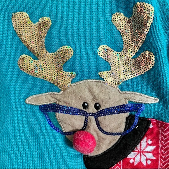 Ugly Christmas sweater reindeer wearing glasses striped sleeves Large size - Picture 3 of 9